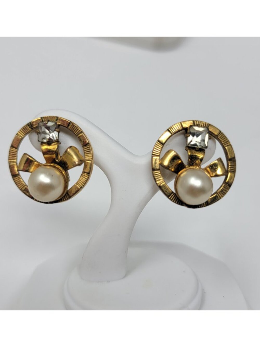Vintage Gold Vermeil Sterling Silver Faux Pearl Rhinestone Screwback Earrings